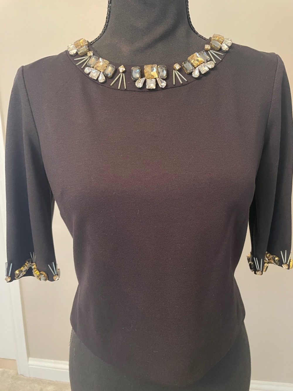 Eliza J Black Jewel-Neck Embellished Top with Gold & Clear Accents